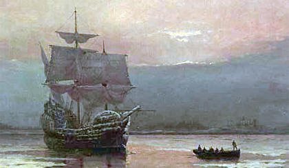 THE MAYFLOWER IN PLYMOUTH HARBOR BY WILLIAM HALSALL (1882). THE PILGRIMS WERE A GROUP OF PURITANS WHO FOUNDED PLYMOUTH IN 1620